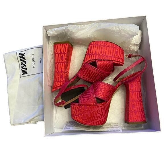 MOSCHINO Logo Jacquard Platform Sandals Canvas Party Statement Evening Sexy Sz 7 - Picture 11 of 13